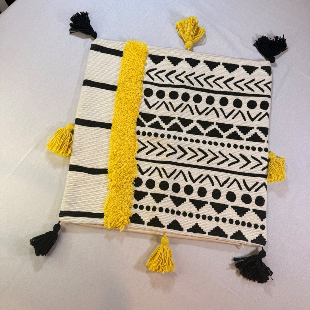 Throw Pillow Cover 18x18 White Yellow Black Tassels Geometric Tufted Boho